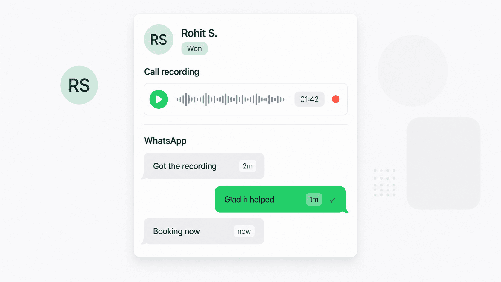 Connectoo contact view showing a VoIP call recording playback with transcript above a WhatsApp follow-up thread for the same lead