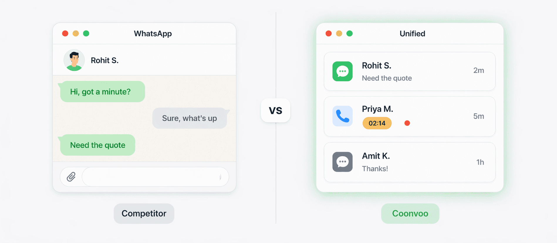 Side-by-side comparison of Connectoo unified WhatsApp and call CRM next to TimelinesAI WhatsApp inbox