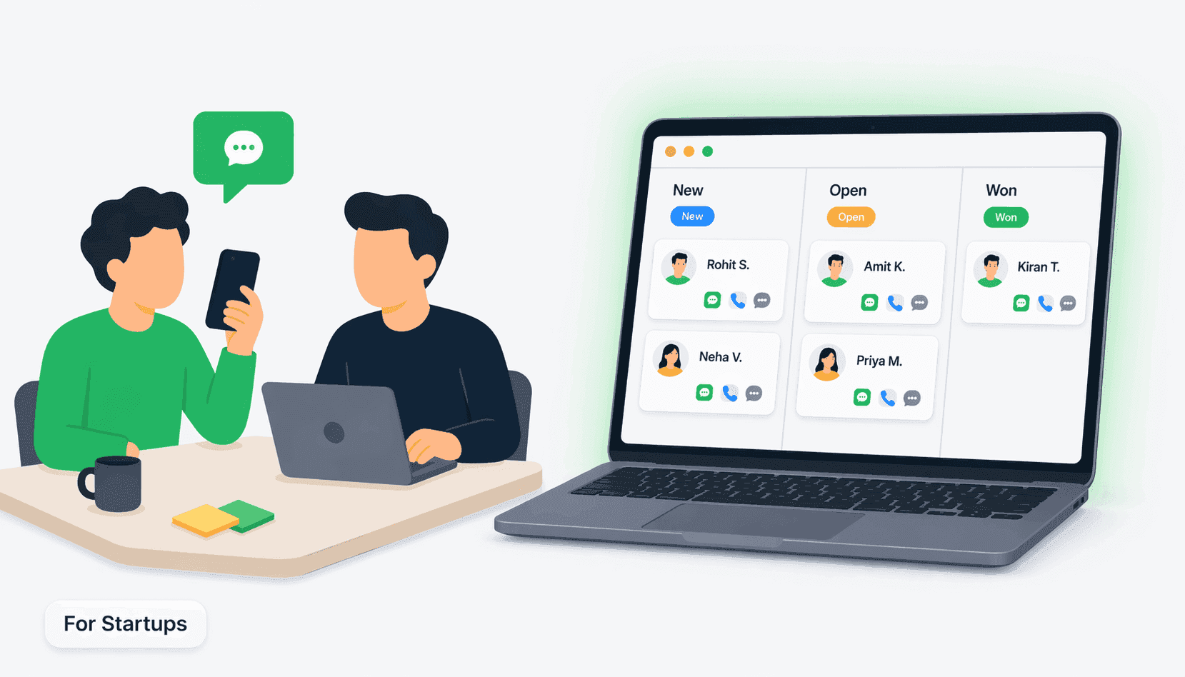 Startup founder and small team using Connectoo to track WhatsApp messages, calls, and SMS in one CRM