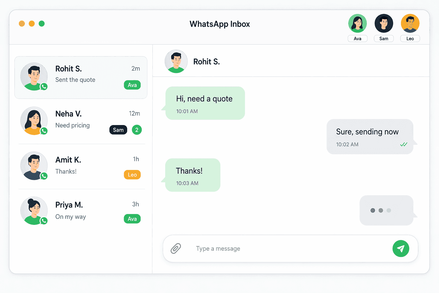 Connectoo WhatsApp shared inbox showing all team conversations, chat assignments, and customer messages in one view