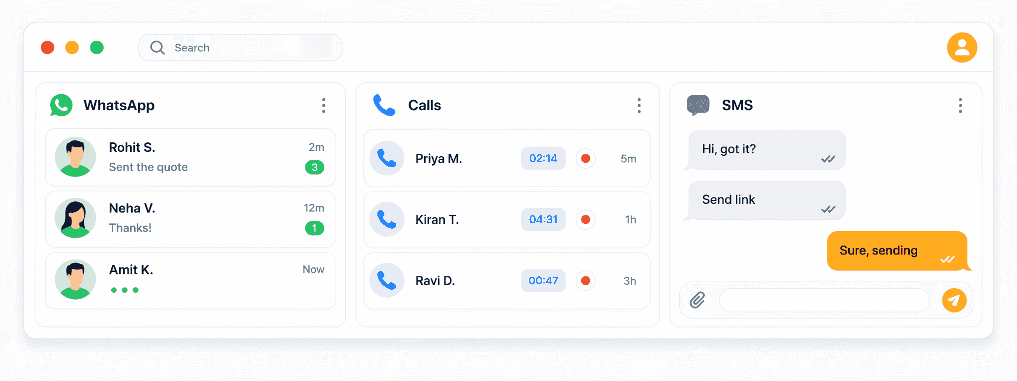 Connectoo showcase with VoIP call log, WhatsApp inbox, and unified contact timeline side by side in one platform